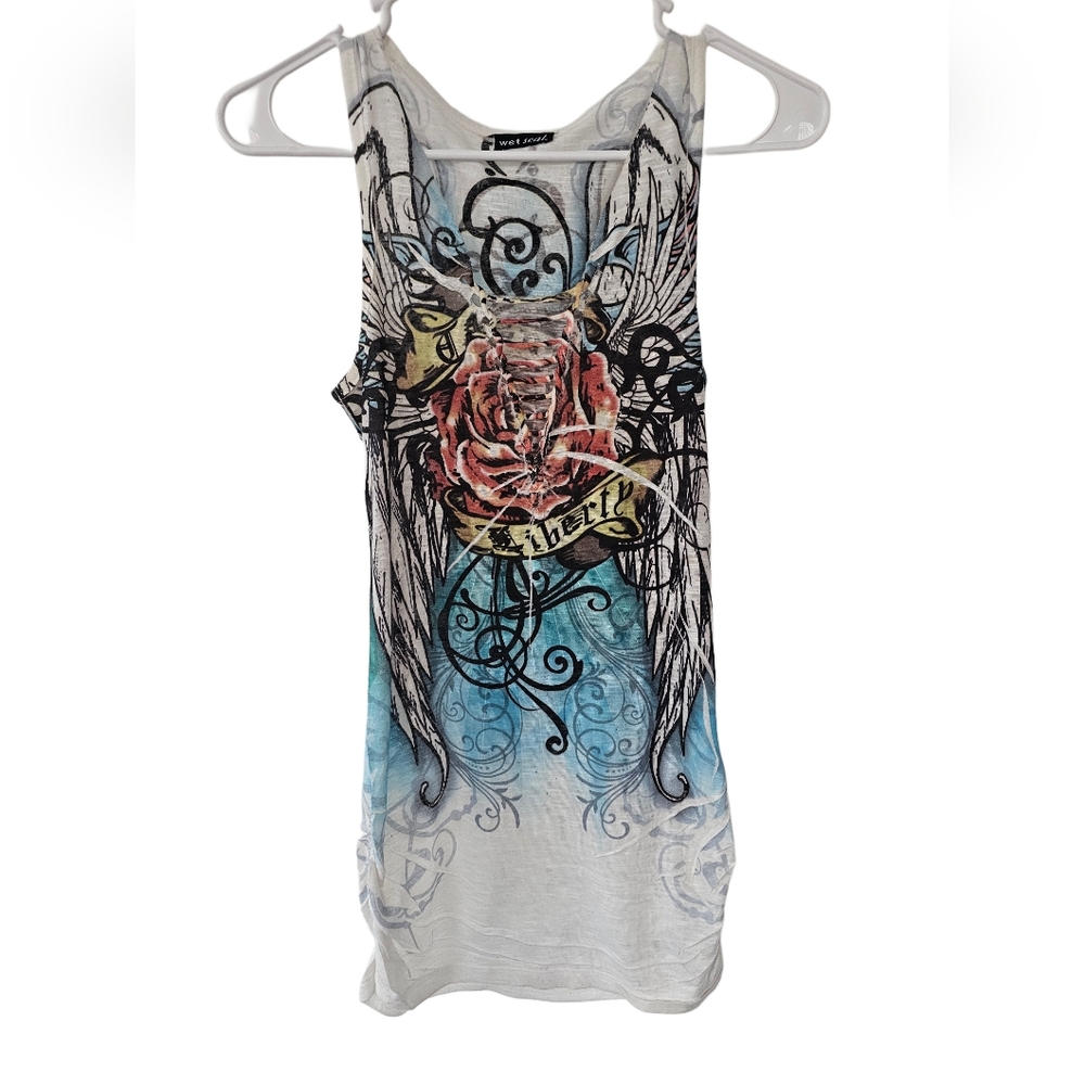 Wet Seal Y2K Vintage White Tank Top With Rose & Wings Graphic Sz Md